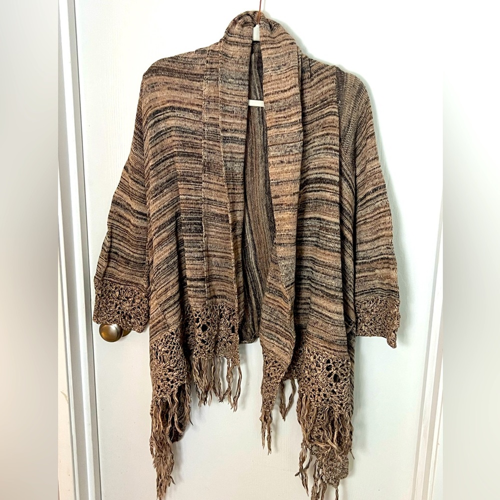 Vintage Forever 21 Neutral Cardigan with Crochet Fringe Small